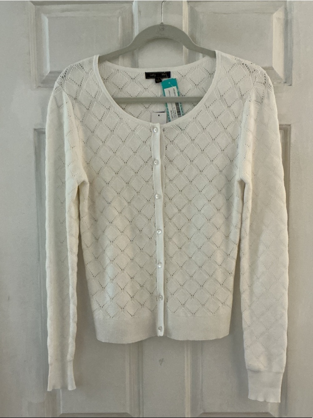 Lety & Me Off White JACKEY Button Front Pointelle Cardigan Sweater NWT S